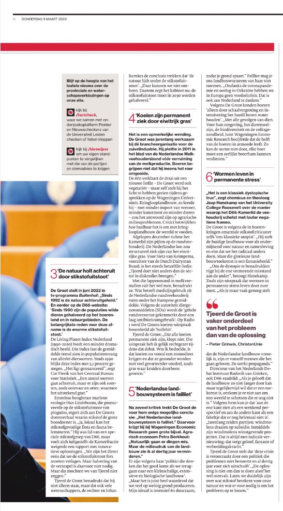 ‘De D66 kamerfractie weigerde een rapport met innovatieve oplossingen. De stikstofuitstoot moet verlaagd worden maar halvering van de veestapel is daar niet voor nodig.’, aldus hoogleraar mariene ecologie die lid was van een speciale stikstofgroep van D66.