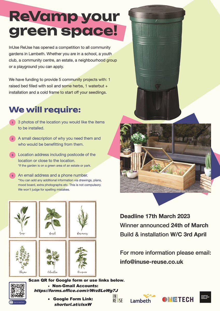 Win extras  for your community garden🏡 . 

INUSe Reuse have 5 x raised beds, waterbutts &amp; cold  frames for 🌱community gardens.  

Apply by 17 March with 3 garden photos🖼️ , why &amp; whose garden, address &amp; email/phone 

Winners 24 March, Work April 3&amp;4 

orlo.uk/LTmi1