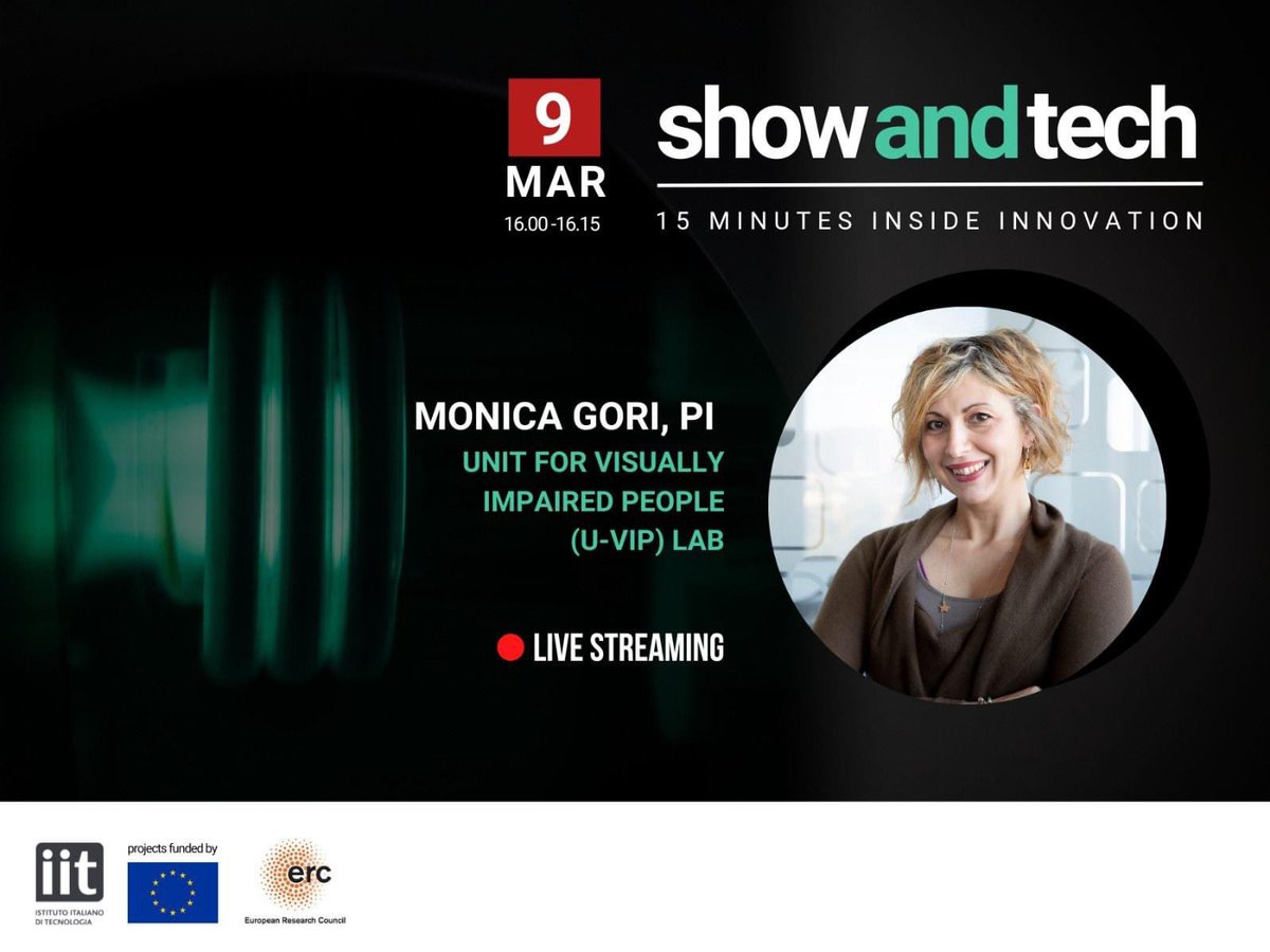 IITalk's tweet image. 📣🆕 #HappeningToday: few hours left to &quot;Show and tech – 15 minutes inside innovation&quot;, 4:00-4:15 pm‼️@valeria_dcav will talk with the PI of the @UVip_iit: #multisensoryintegration, technologies for #rehabilitation, #visualimpairment. 
🤳 Live on the IIT LinkedIn page