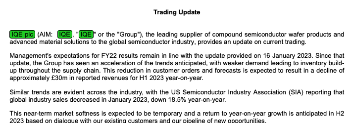 DonaldPond6's tweet image. #IQE seeing much weaker demand. If you think semiconductors are a good proxy for the wider economy, recession looks incoming.