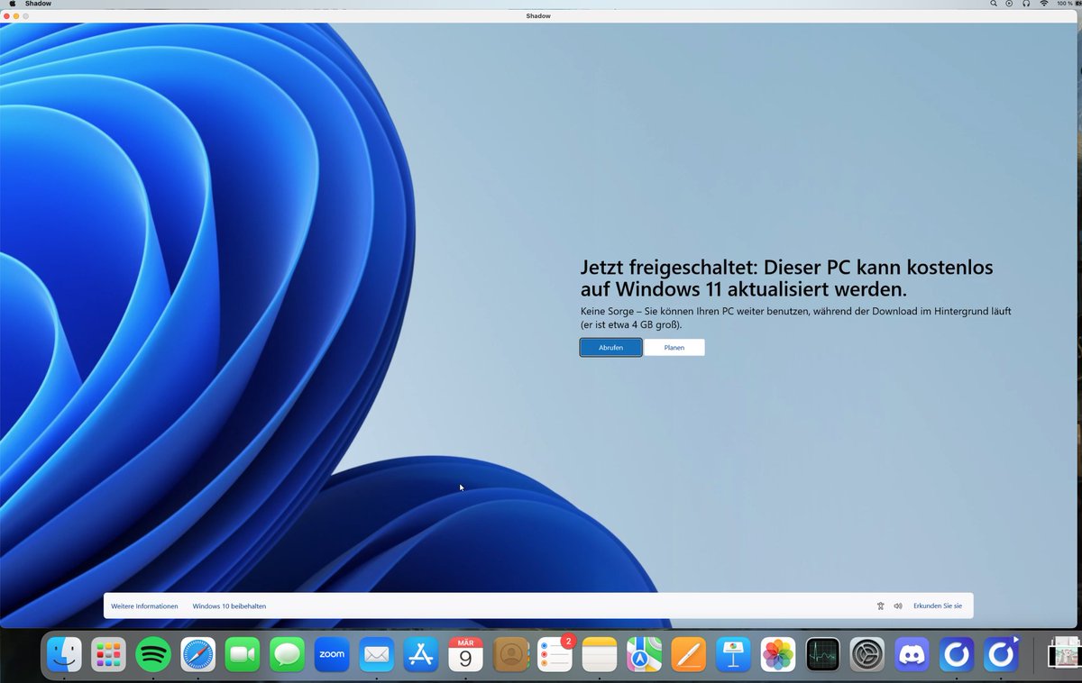 Splitterlos's tweet photo. Hey liebes @ShadowDE Team, 
Habe gerade den Client gestartet und die Meldung bekommen, dass ich auf Win11 updaten kann, daher die Frage: Kann ich? Ich weiß aus einem alten FAQ, dass man es nicht sollte. Deshalb irrwert die Meldung etwas. https://t.co/QedpxGU9qv