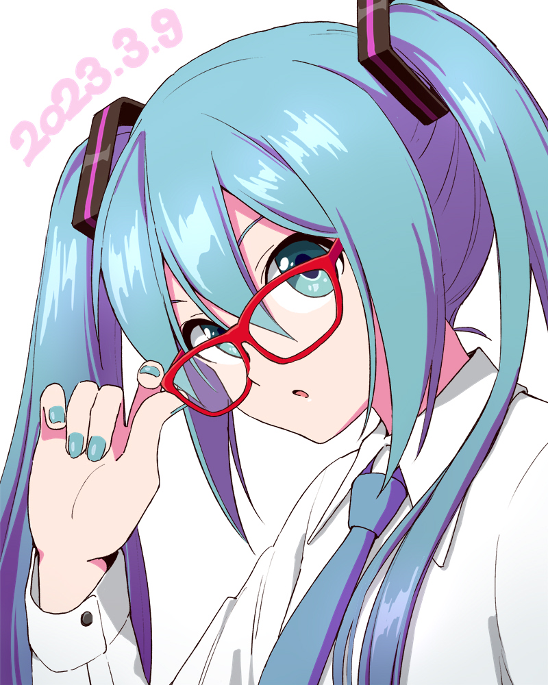 hatsune miku 1girl solo necktie glasses twintails shirt long hair  illustration images