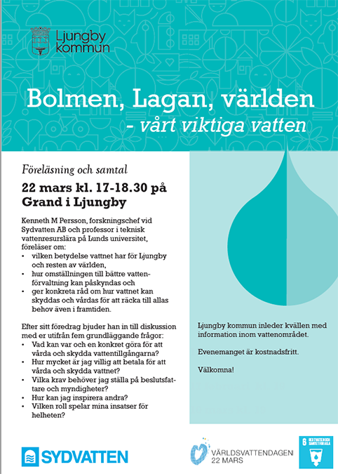 #Föreläsning på #världsvattendagen 22 mars! 
Professor Kenneth M Persson, forskningschef vid <a href="/Sydvatten/">Sydvatten</a> och professor i teknisk vattenresurslära på <a href="/Lundsuni/">Lunds universitet</a>, talar om om #vatten, dess betydelse samt hur vi ska minska vår #vattenanvändning.
#VårViktigasteNaturresurs #VVD #WWD