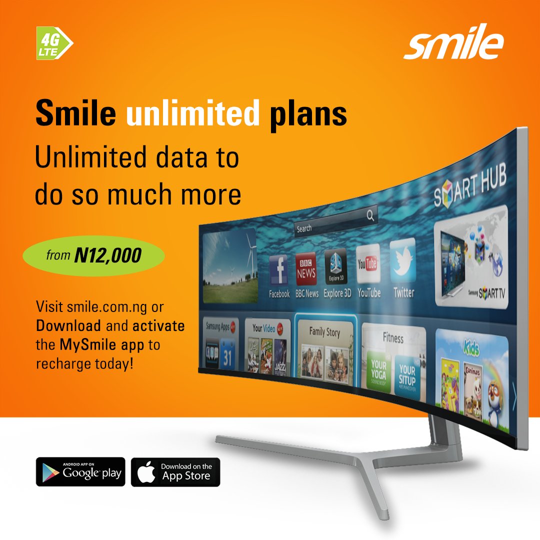 SmileComsNG's tweet photo. Get the best value for your money. Recharge any Unlimited plan today starting from N12,000 to enjoy non-stop data for 30 days. Visit https://t.co/tl6pbcI2dF or download the MySmile App now to recharge with ease. #MoreDataSamePrice #MoreFreedom #smilealways https://t.co/8SE9xXpD6e