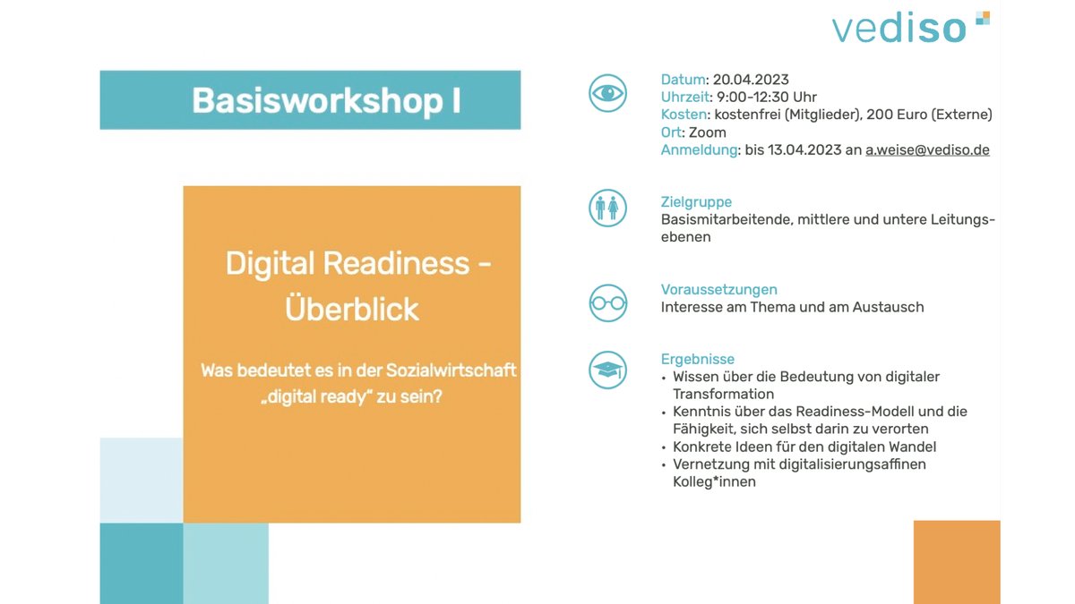 Vediso_eV's tweet photo. Wie können wir #digitaleTransformation positiv gestalten und für uns nutzen? In unserer Basis-Workshop-Reihe geben wir einen Überblick über die Grundlagen, die es dazu braucht. Los geht's am 20. April 2023 mit Teil I (Einführung zu #DigitalReadiness) und Teil II (#Mindset). https://t.co/8LLQRKEcuM