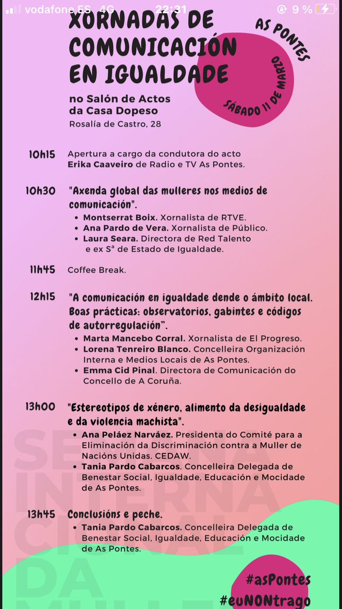 El sábado estaré en <a href="/AsPontes/">AsPontes</a> con profesionales muy queridas y admiradas del periodismo como <a href="/pardodevera/">.</a> <a href="/montserratboix/">Montserrat Boix</a> <a href="/emmacidp/">emma cid</a> <a href="/MartaMancebo/">Marta Mancebo</a> y con <a href="/AnaPelaez/">Ana Peláez</a>, Pta del Comité CEDAW y referente feminista y de las mujeres con discapacidad.