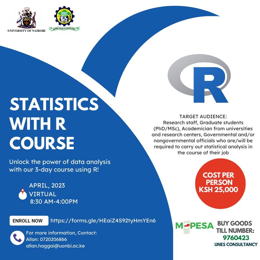 UNESLIMITED's tweet photo. Take your data skills to the next level with the LEARNING STATISTICS WITH R Training coming up April, 2023. Get the best training with Global Trainers from the Center of Excellence @uonbi  Department of Mathematics. Register now and take elevate! #StatisticsWithR  #DataScience https://t.co/90eaDq6uAL