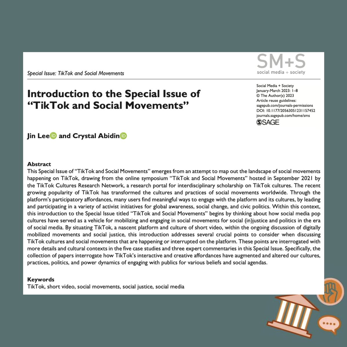 tiktokcultures's tweet photo. We’re excited to announce that our third #TikTokCultures Special Issue has been published in @SocialMedia_Soc (Volume 9, Issue 1)! Edited by @jinlee_media &amp; @wishcrys, with a focus on “TikTok &amp; Social Movements”

🧵👇 https://t.co/9CGReXffsU