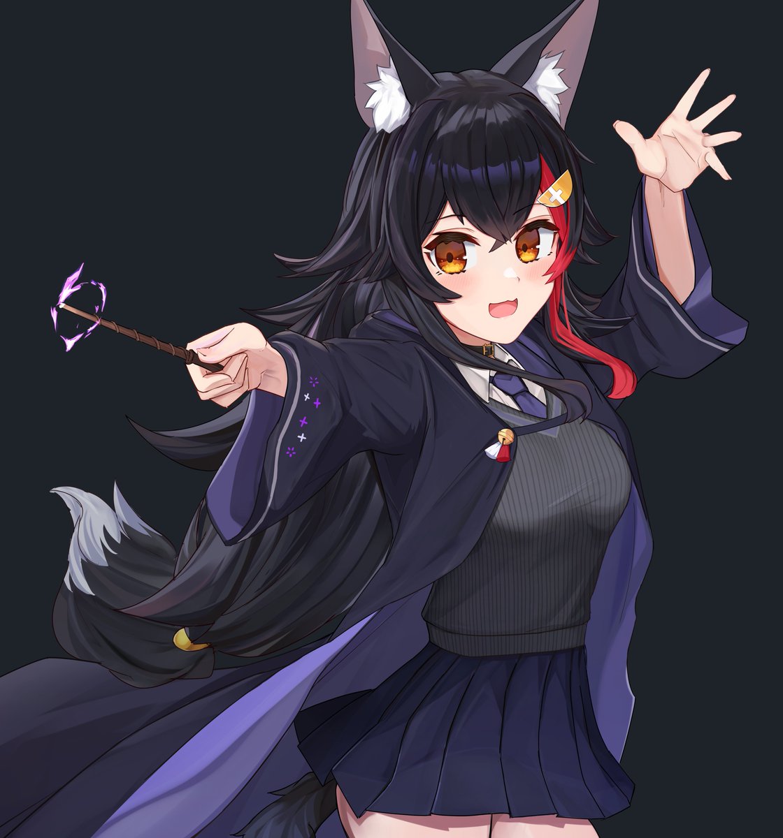 ookami mio 1girl animal ears solo streaked hair black hair skirt wolf ears  illustration images