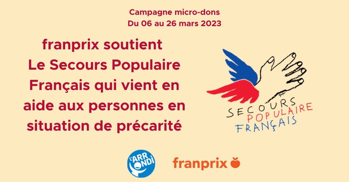 [ARRONDI SOLIDAIRE]
Jusqu’au 26 mars, franprix déploie sa nouvelle campagne de <a href="/l_arrondi/">L'ARRONDI</a> en caisse <a href="/microdon_fr/">microDON</a> 
 et au profit du <a href="/SecoursPop/">Secours populaire</a> .
Grâce à la générosité de nos clients, 100 000 repas ont pu être distribués l’an dernier.
#arrondi #microDon #solidarité