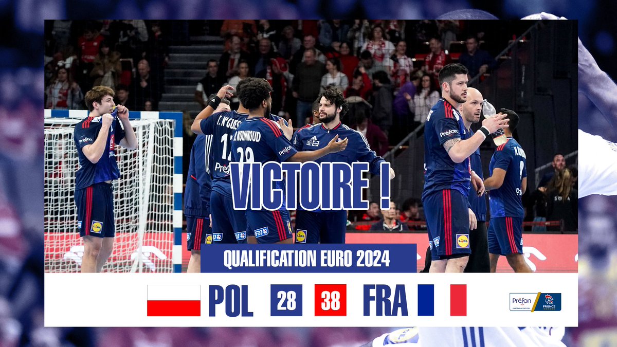 🔥Victoire ! 🔥
Les Bleus se sont largement imposés face à la Pologne et se rapprochent de plus en plus de la qualification à l'Euro 2024 ! 

Score final : 38🇫🇷⚡🇵🇱28

Rendez-vous samedi ! 👊

#Préfonhandball #Engagement #Beleuetfier #Handball