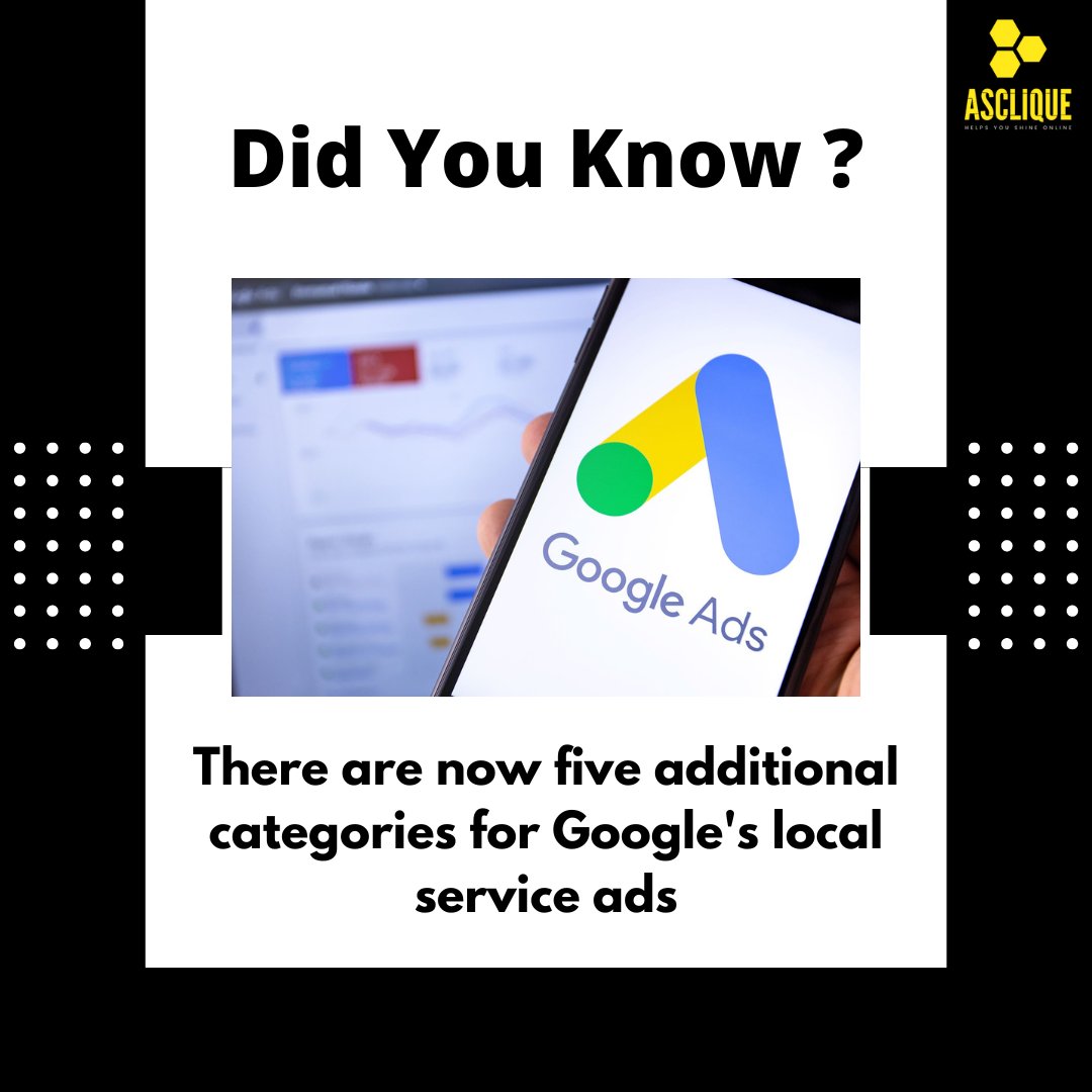ascliqueinnovat's tweet image. 📢 Exciting news! 🚀 Google is taking local advertising to the next level with the expansion of Local Service Ads in five new categories. 🌟

#Google #LocalServiceAds #Advertising #BusinessGrowth #OnlineMarketing 💻