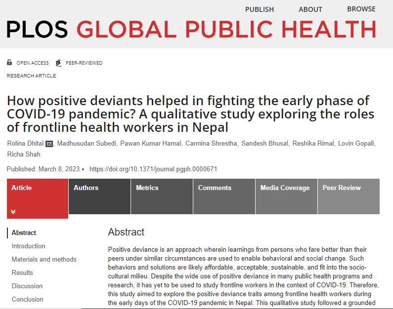 sandeshBhusal4's tweet photo. ✅out our new article in @PLOSGPH 👇
This is the stories of positive deviants #HealthWorkers in #Nepal who bravely battled the #COVID19 pandemic despite uncertainties and lack of resources.
https://t.co/hzw29mpKiT
@paimadhu @JuliaE_Robinson @CKyobutungi https://t.co/BFsBIcnocK
