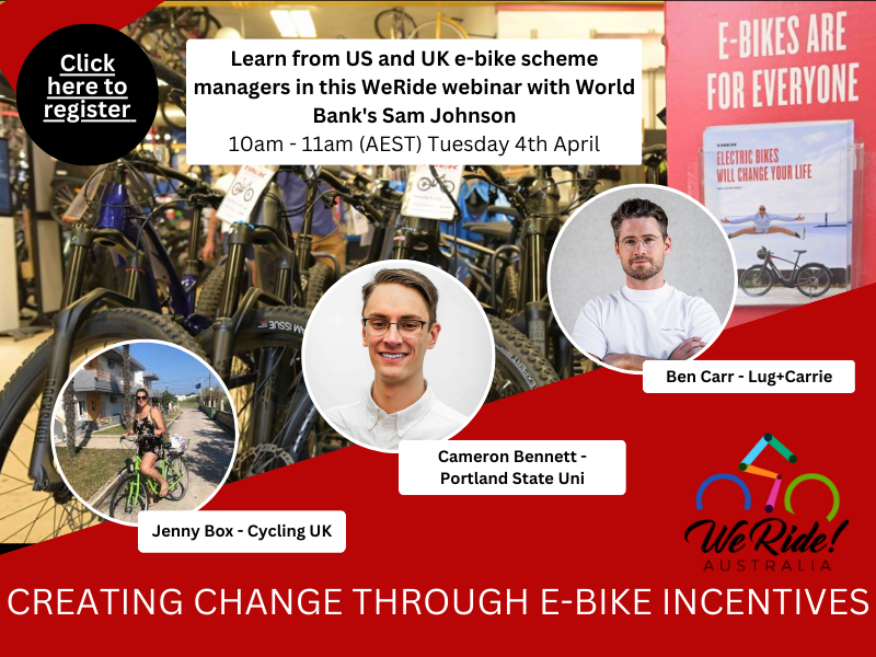 WeRideAustralia's tweet photo. Join the WeRide webinar - Creating change through e-bike incentives - international case studies   https://t.co/vqmVllWNdW https://t.co/vEMSS9zqEj