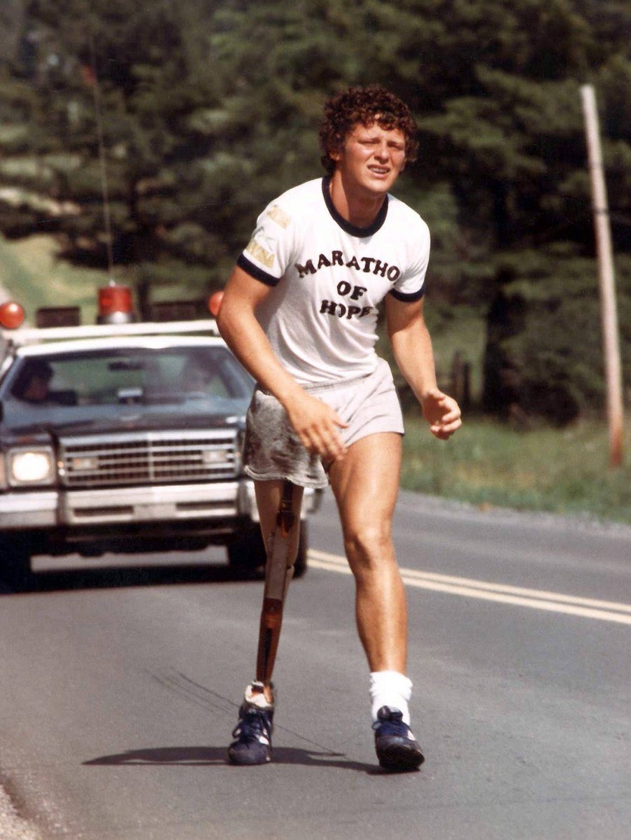 prasoongram's tweet photo. In 1980, a 21-year-old Terry Fox ran 3,339 miles across Canada in 143 days on one leg. His right leg had been amputated due to cancer so he embarked on the marathon to raise money &amp; awareness for cancer research. Today, his foundation has raised over $800 million for the cause. https://t.co/S6tCboRFEg