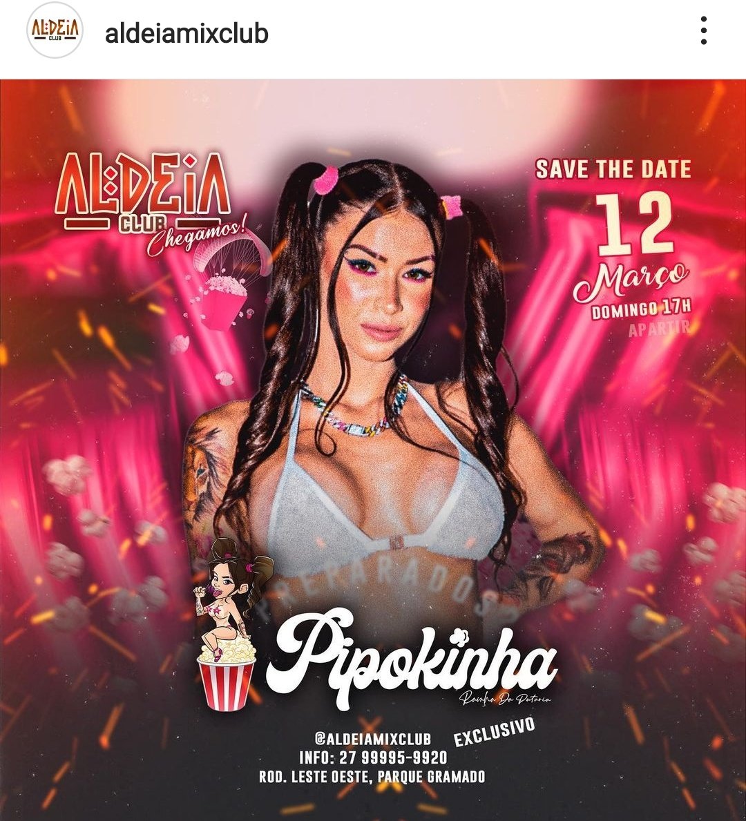 @pipokinhareal estará no Aldeia Mix Club dia 12 de março 📌 Preparada para o espetáculo 🔥 na companhia dos meus amores. https://t.co/H35bFvzet1