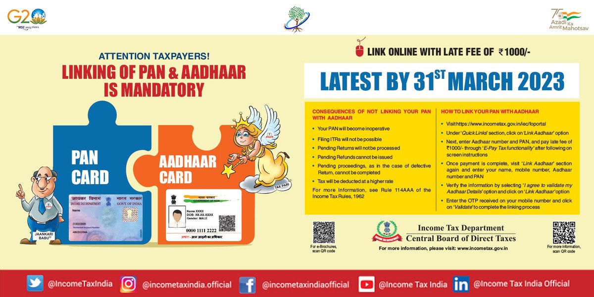 IncomeTaxIndia's tweet image. Attention Taxpayers!
PAN-Aadhaar linking deadline is approaching!
Please do link PAN & Aadhaar before 31.03.2023 to avoid consequences.
Refer to FAQ regarding procedure to link PAN with Aadhaar: incometax.gov.in/iec/foportal/h…