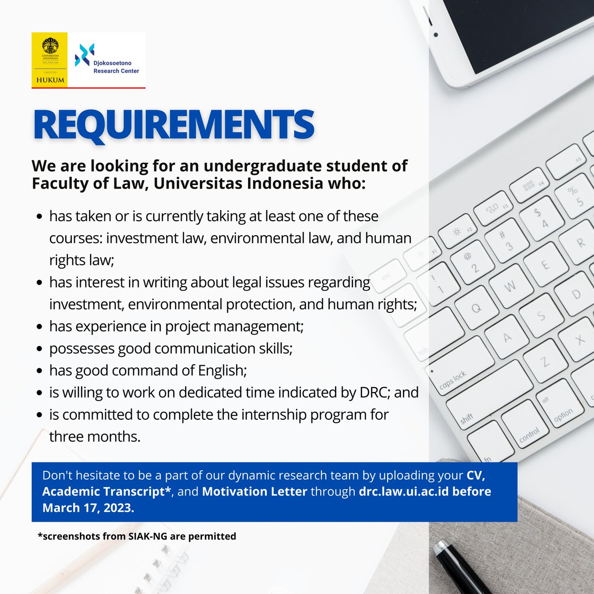 DRCFHUI's tweet image. Djokosoetono Research Center (DRC) is calling for Program/Research Assistant (Internship)!

If you have any inquiries, don&apos;t hesitate to reach us through our social media. drc.law.ui.ac.id

We&apos;re looking forward to see you!