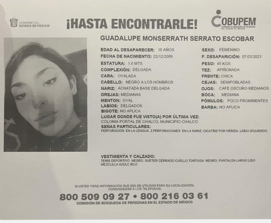#MonseSerratoEscobar desapareció la noche del 7 de marzo de 2023 en Chalco. La última ubicación de su celular es en Puebla por lo que sus familiares piden acceso a las cámaras de seguridad pero no se los han concedido. Urge difusión. #NiUnaMenos #8M