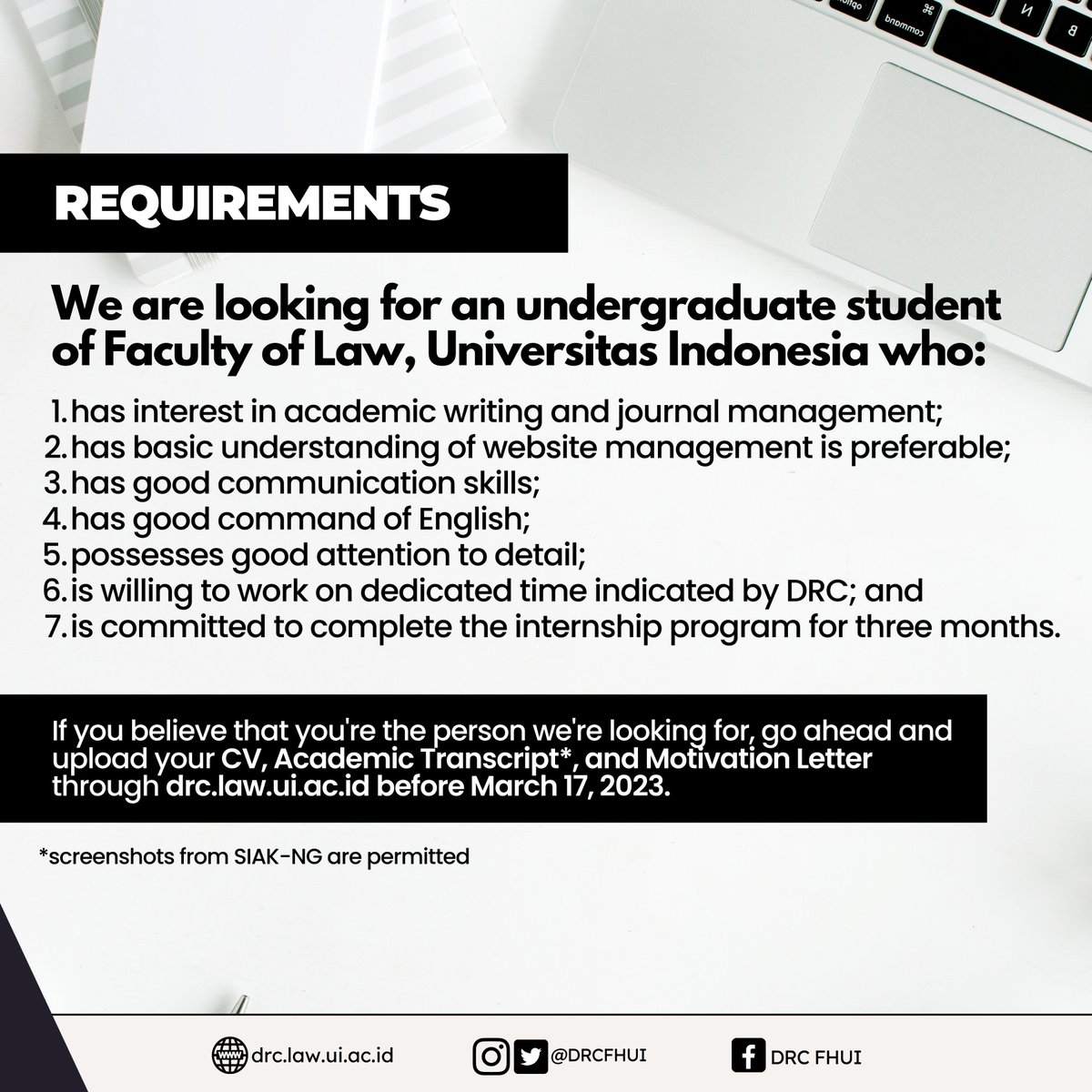 DRCFHUI's tweet image. Djokosoetono Research Center (DRC) is calling for Editorial Assistant (Internship)! 
Upload your CV, Academic Transcript, and Motivation Letter through our website drc.law.ui.ac.id before March 17, 2023
We&apos;re looking forward to see you!