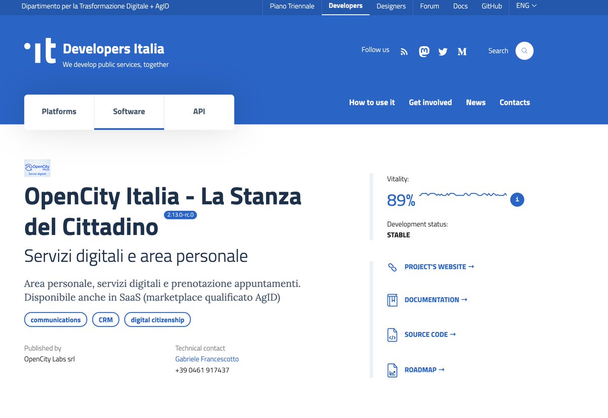 Code activity, release history, user community, longevity: sono questi i parametri che definiscono 
l'indice di vitalità di un software pubblico. OpenCity Italia raggiunge l'89% su <a href="/developersITA/">Developers Italia</a>, il catalogo del software #opensource della pubblica amministrazione🥰🥰 <a href="/lorello/">Lorenzo Salvadorini</a>