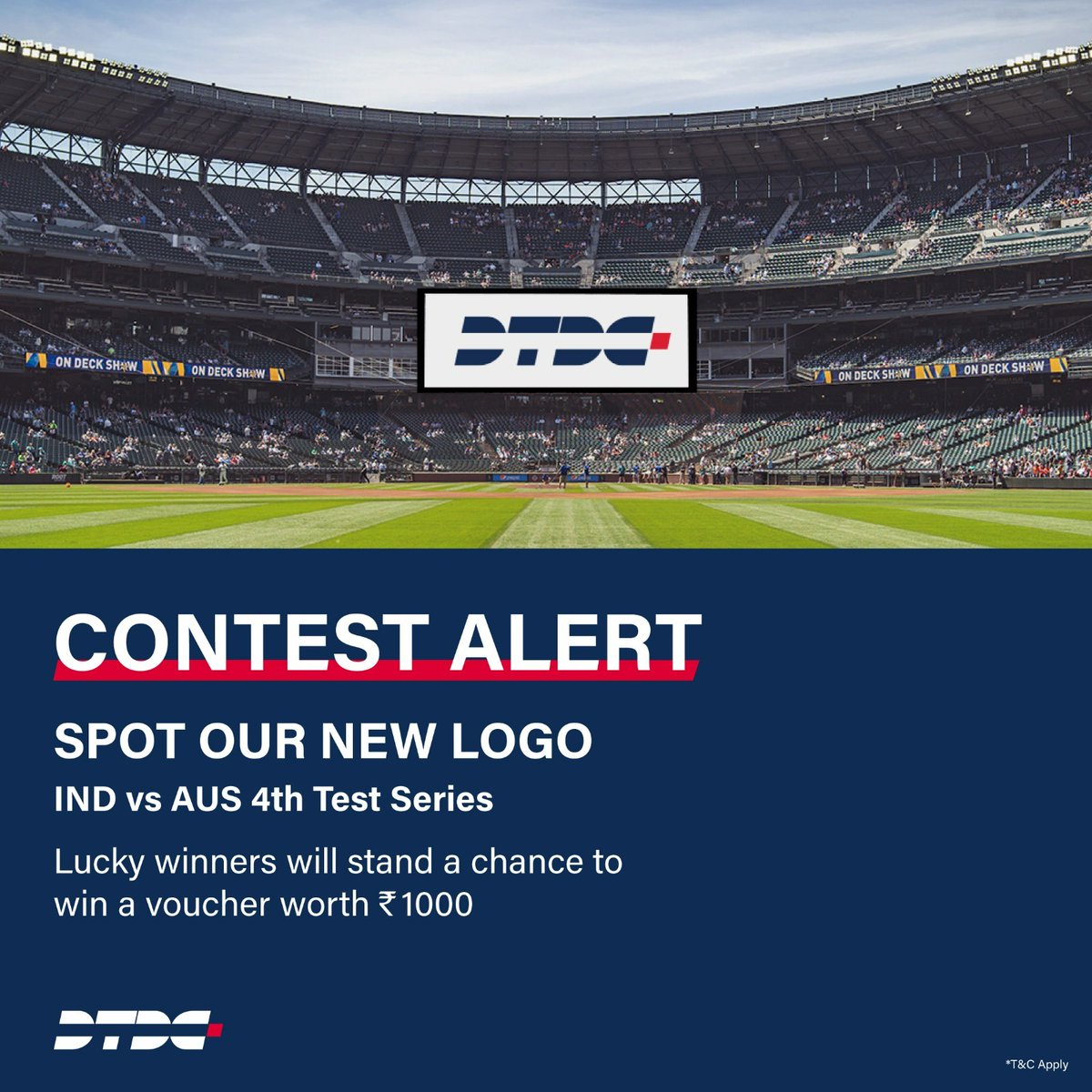 DTDCIndia's tweet photo. 🌟 Contest Rules 🌟

🤳🏻Spot DTDC's new logo during India vs Australia 4th Test Series.

📲Post a picture of it on your Twitter account.

🏷️Don't forget to tag @DTDCIndia

What's your prize?💸

Five lucky winners stand a chance to win an Amazon voucher worth INR 1000 each. 🏅 https://t.co/Fvcep5doxY