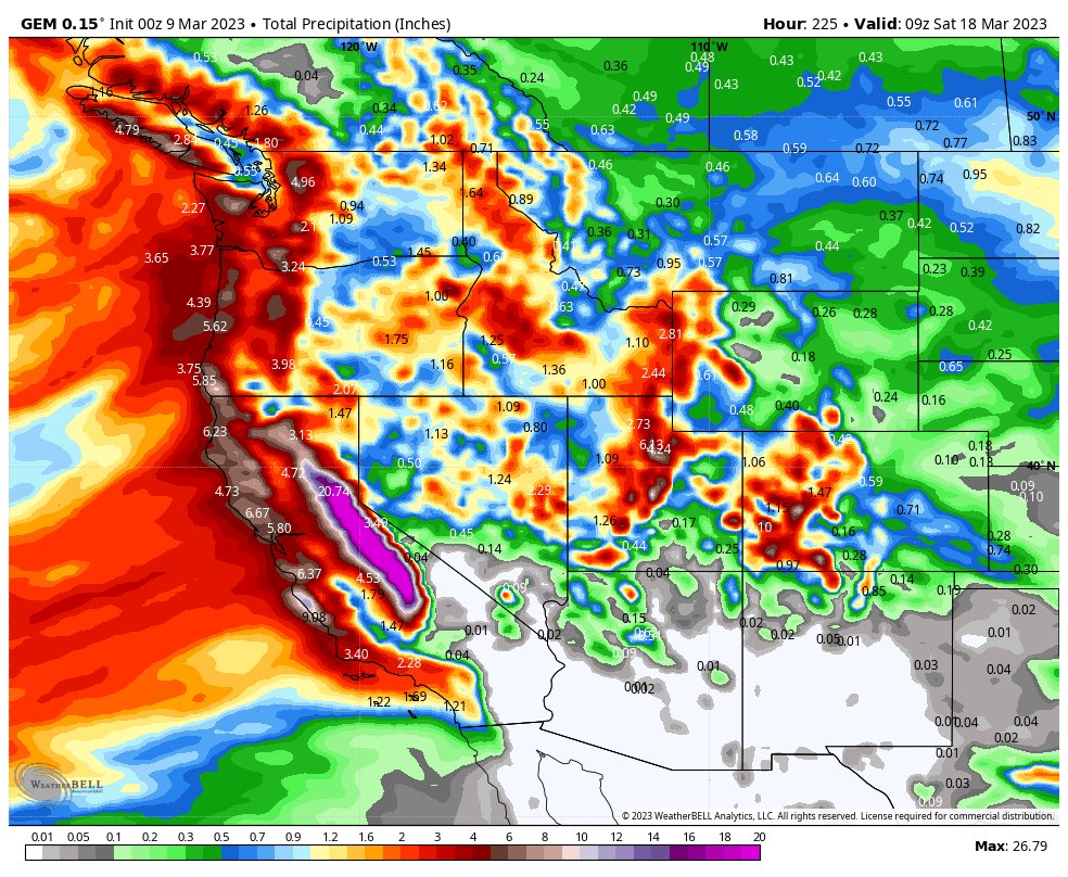 WasatchSnow's tweet image. All models continue to show extraordinary amounts of precip in the west, especially California, over the next ten days. This would be significant anytime, but considering what we’ve already seen this season, it really is jaw dropping. In this instance, the hyperbole is warranted.