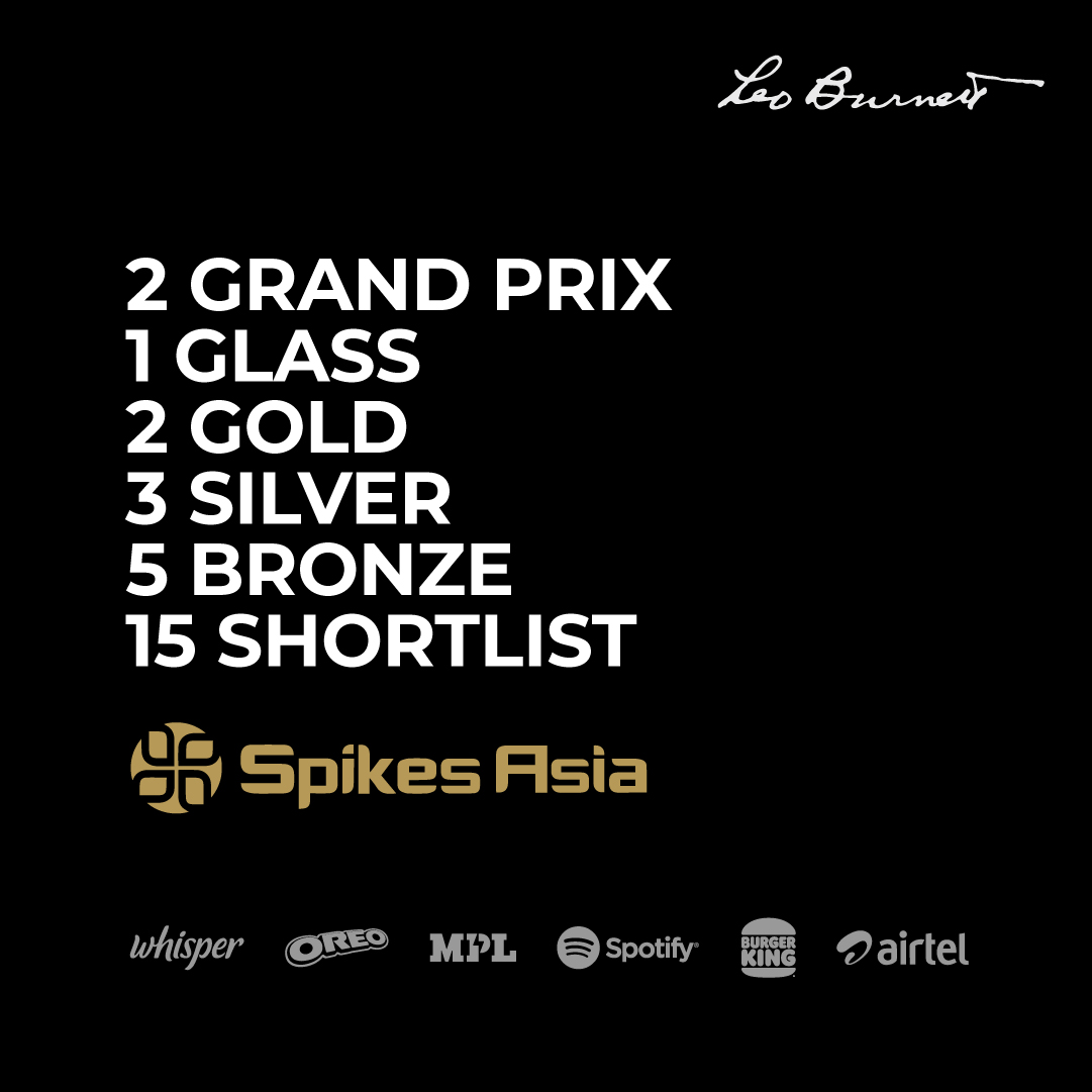 LeoBurnettIndia's tweet photo. We are chuffed to lead as the APAC Agency of the Year at Spikes Asia winning 2 Grand Prix, 1 Glass, 2 Gold, 3 Silver, 5 Bronze &amp; 15 Shortlists across clients - P&amp;G Whisper, Mondelez OREO MPL Sports, Airtel, Spotify &amp; Burger King. 
Congratulations to our amazing teams &amp; partners! https://t.co/HQdwcgZAEk