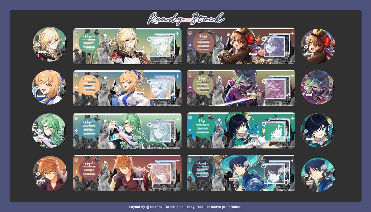 RT are appreciated!

Hai, aku bawa layout ready stock gepeng genshin, honkai, vtuber bisa ditake jam 16.00 WIB. price 12k dapet ava PNG only! yuk jajank 😉

#zonauang