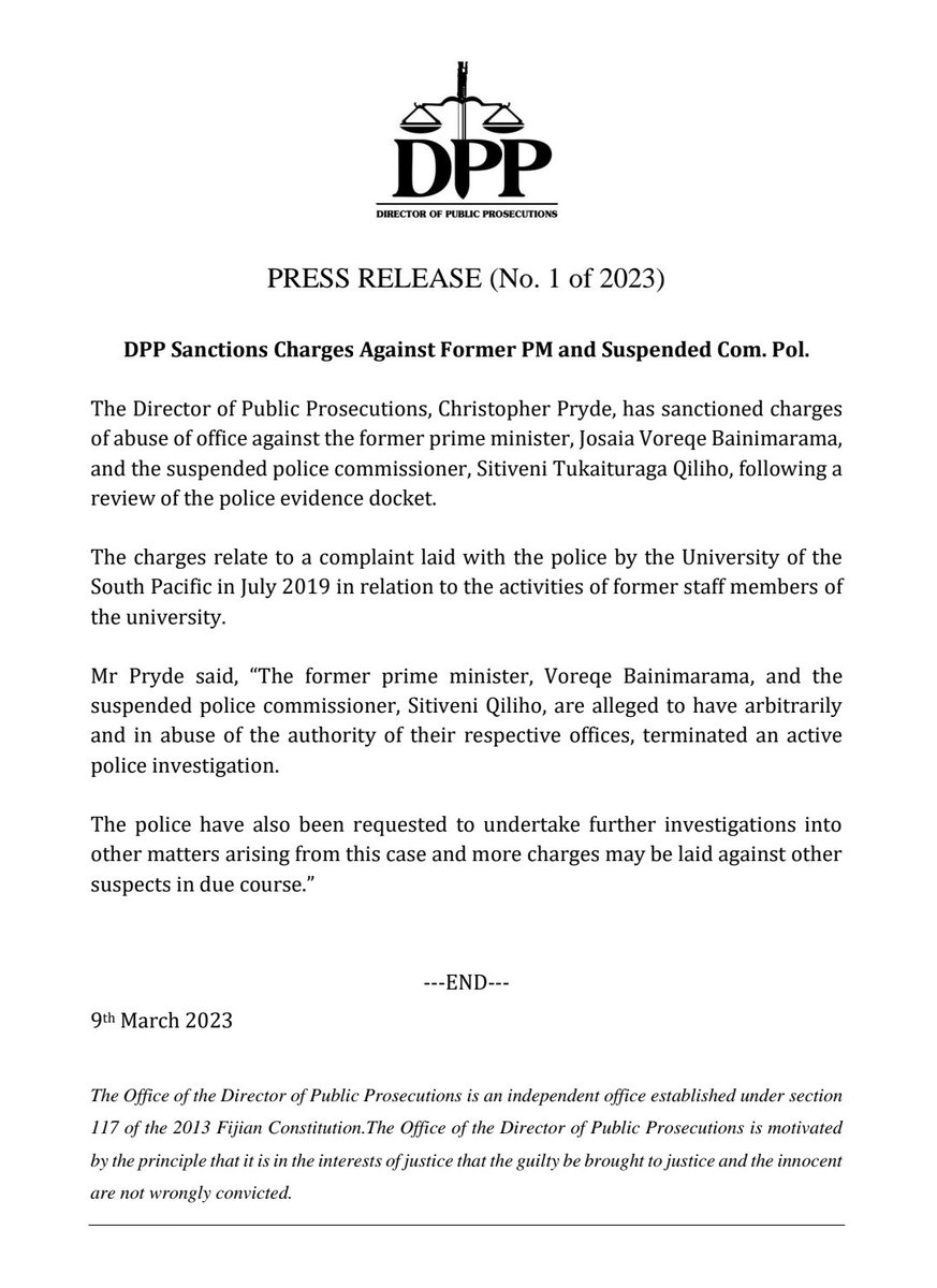 DPP sanctions charges against former PM Bainimarama and suspended ComPol Qiliho