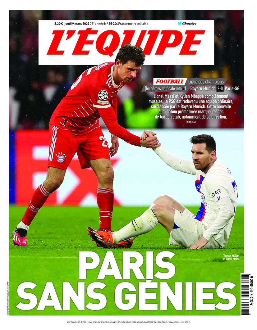 lequipe's tweet photo. La une du journal L'Équipe du jeudi 9 mars

Lire l'édition > https://t.co/uwnpxfnnc0

#BAYPSG #FCBPSG https://t.co/diFi3y4Y9l