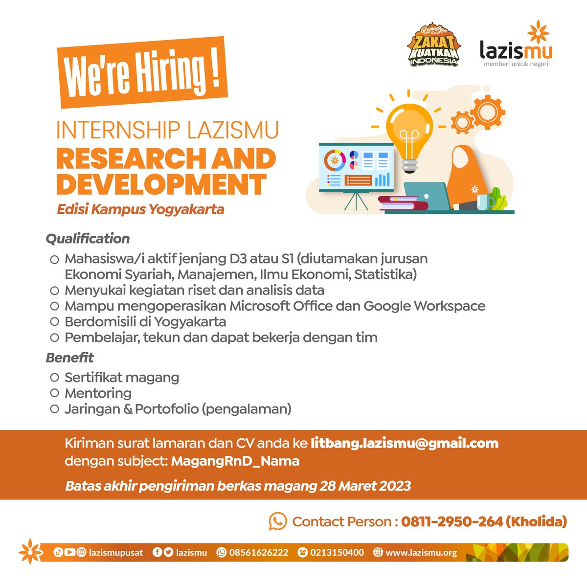 LAZISMU's tweet photo. Kami sedang membuka Intership Lazismu untuk divisi Research and Development berdomisi Yogyakarta.
Cek kualifikasi dan benefitnya sekarang. Tunggu apalagi langsung segera kirim cv kamu ke litbang.lazismu@gmail.com
#Intership
#Litbang
#Lazismu
#Ramadhan
#MemberiUntukNegeri https://t.co/iF6oGGkrQM