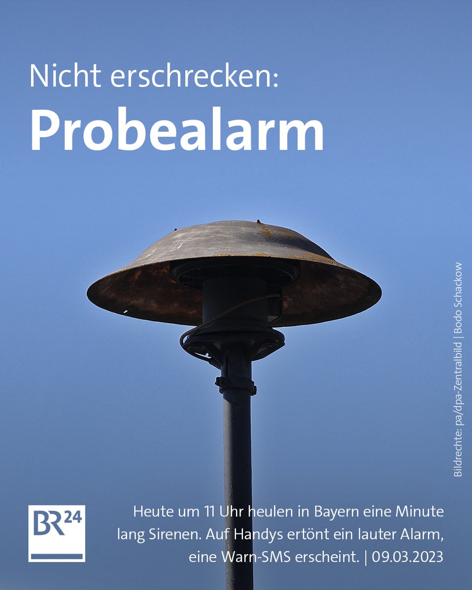 BR24's tweet image. #Probealarm in #Bayern heute um 11 Uhr: Ob es dieses Mal reibungsloser läuft als bei den vergangenen bundes- und bayernweiten #Warntag|en, wird sich zeigen. 🚨 br.de/nachrichten/ba…