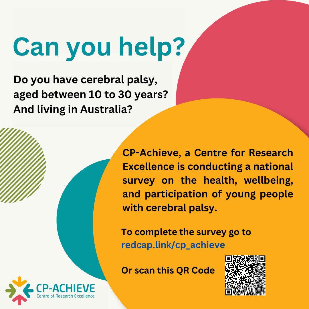 CpAchieve's tweet photo. Can you help us by completing our survey? ๐
We want to understand the health, wellbeing, and participation of young people with cerebral palsy.
To participate scan the QR code or head to ๐๏ธ https://t.co/WJK2pACXTr
#cp #cerebralpalsy #cerebralpalsyresearch #cpachieve https://t.co/mdCnV9zg4Z