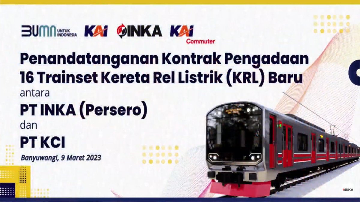 gerbongbagasi's tweet photo. Hari ini (9 Maret 2023) secara resmi KAI &amp; KCI melakukan penandatanganan kontrak pengadaan produksi KRL &amp; kereta penumpang, serta bersamaan peresmian pabrik INKA di Banyuwangi.

KRL : 16 rangkaian (sf12)
Kereta penumpang : 612 unit
Kereta penumpang luxury : 10 unit https://t.co/nQKWulAZnC