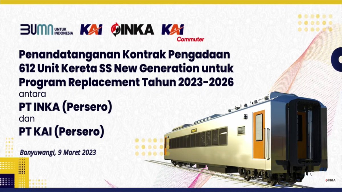 gerbongbagasi's tweet photo. Hari ini (9 Maret 2023) secara resmi KAI &amp; KCI melakukan penandatanganan kontrak pengadaan produksi KRL &amp; kereta penumpang, serta bersamaan peresmian pabrik INKA di Banyuwangi.

KRL : 16 rangkaian (sf12)
Kereta penumpang : 612 unit
Kereta penumpang luxury : 10 unit https://t.co/nQKWulAZnC