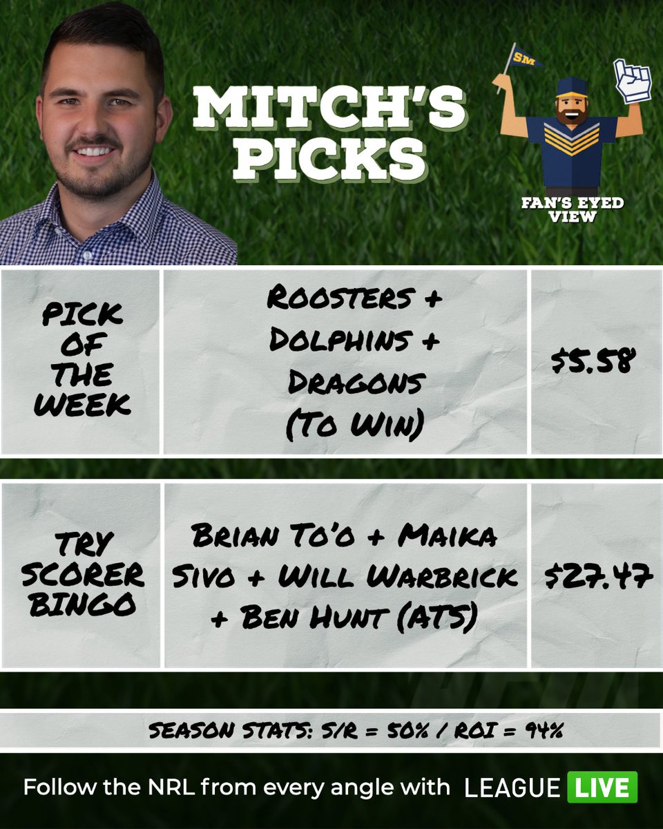 leagueLIVE_app's tweet photo. 🚩 WHAT ARE THE ODDS?! #NRL FANS' FLUTTERS 👓

Despite a decent week in Round 1, Mitch is keeping it simple for Round 2, while @HunterGMeredith is using @sportsbetcomau SGM "Second Chance" to his advantage...

🎧 LISTEN: https://t.co/0614ZgYpnm
 📲 FOLLOW: https://t.co/nt5dp5pZCj https://t.co/SQgTjyEpds