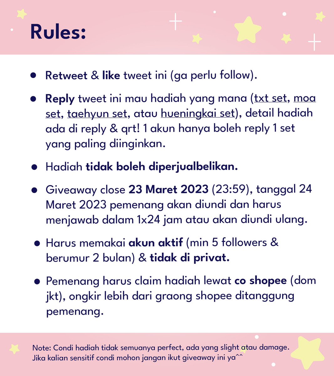 somejins_'s tweet photo. TXT 4th Anniversary Giveaway!
(Albums, photocards, mpc, postcards, etc)

🌟4 winners
💗Rules di pic 2
🇮🇩Indonesia only!

📅 ends 23 March 2023

Goodluck!🍀

t. tomorrow x together, GA, soobin, yeonjun, beomgyu, taehyun, hueningkai, #TOMORROW_X_TOGEHTER https://t.co/rT7gOivmxY