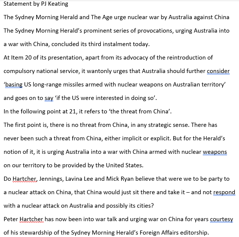 Michael Pascoe (@michaelpascoe01) on Twitter photo Paul Keating, this time telling us what he really thinks about the @SMH / <a href="/theage/">The Age</a>  and it's Sinophobic scaremongering.
A thread : Paul Keating, this time telling us what he really thinks about the @SMH / <a href="/theage/">The Age</a>  and it's Sinophobic scaremongering.
A thread :
