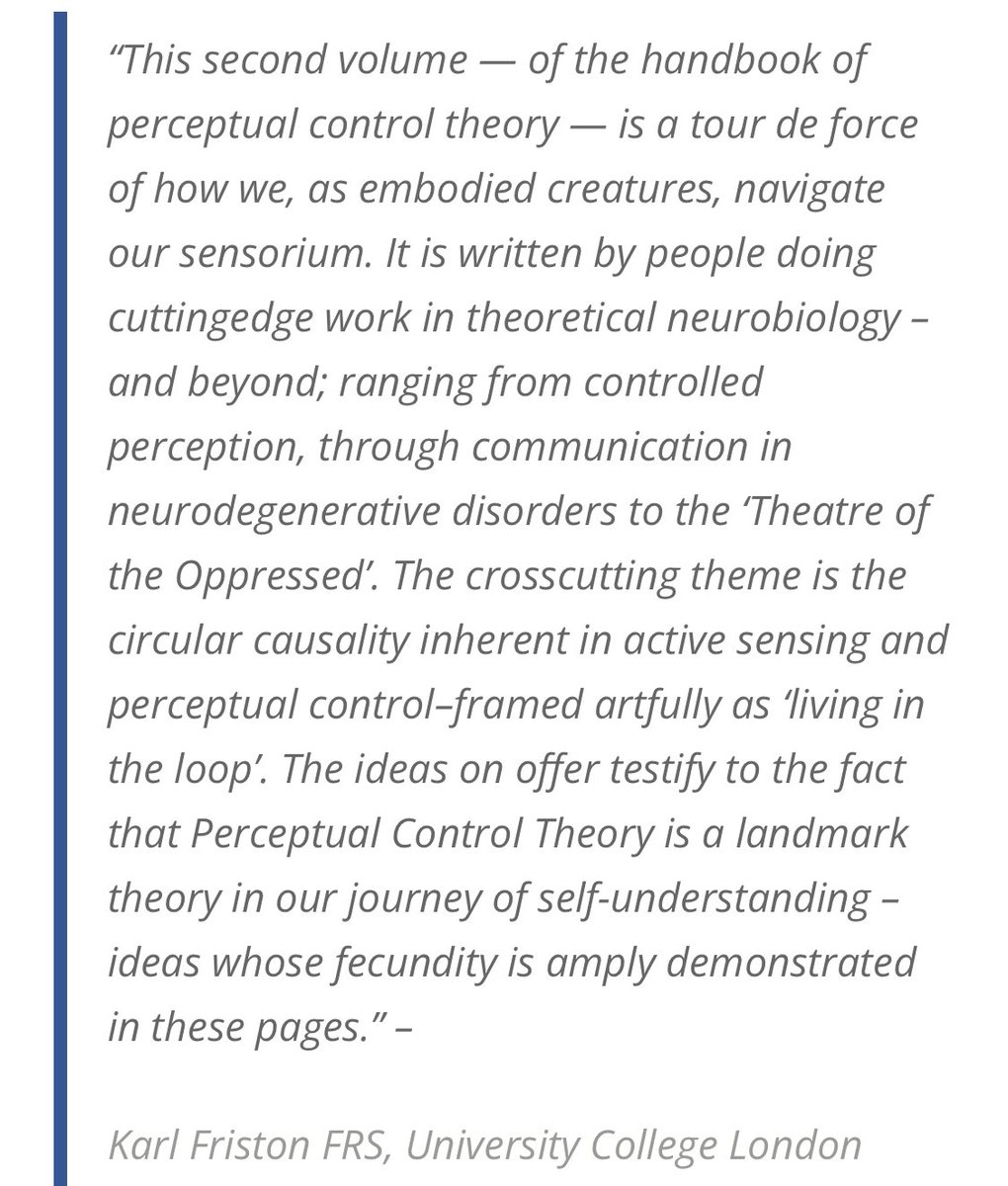“The ideas on offer [in this book] testify to the fact that Perceptual Control Theory is a landmark theory in our journey of self-understanding”

Karl Friston

elsevier.com/books/the-inte…

<a href="/manuelbaltieri/">Manuel Baltieri</a> <a href="/georgejwdeane/">George Deane</a> <a href="/mjdramstead/">Maxwell Ramstead</a> <a href="/actpredictlab/">Action Prediction Lab / Prof Patric Bach</a> <a href="/xzistor/">Xzistor LAB</a> <a href="/PerthLab/">Perth Emotion & Psychopathology Lab</a> <a href="/KordingLab/">Kording Lab 🦖</a>