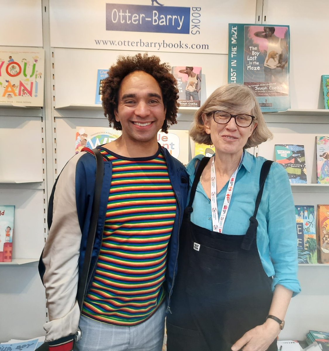 ⁦@JosephACoelho⁩ ⁦@UKLaureate⁩ on the ⁦@OtterBarryBooks⁩ stand ⁦@BolognaBookFair⁩. ⁦@Candlewick⁩ confirmed as US publisher for TheBoyLostInTheMaze! Hooray.