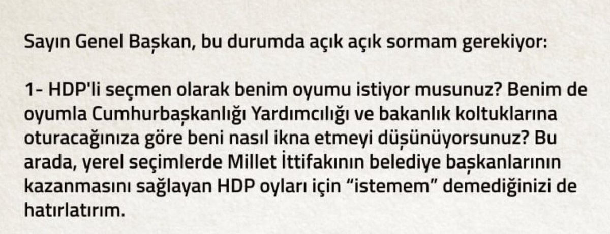 @iyipartine_dedi Bende iyi partili gençlere sesleniyorum. Geçen seçimde kimlere oy verildi, geçen seçimde kimlerden destek alındı.
Aşağıda Demirtaş'ın Akşener'e yazdığı mektuptan bir paragraf bulunuyor.
Karar sizin.