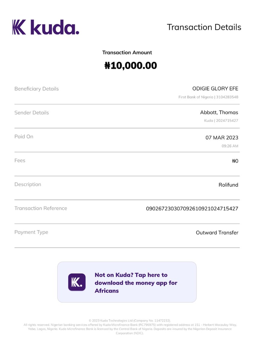eberesuccess9's tweet photo. @kudahelp_ng Good morning kuda Team,

Please I sent money to someone and it has failed to reflect on the persons account..
Kindly verify this and revert.. https://t.co/f9nWS7kSWH