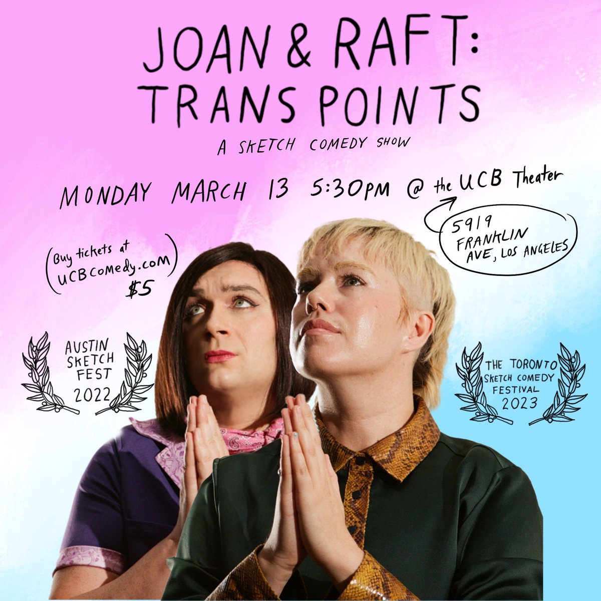 For the past year+ me and Joan have been working on a very trans sketch comedy half hour and we’re doing our first LA show on Monday. If you know any trans people in LA who want a free ticket, DM me and I’ll buy them one. Tickets here: ucbcomedy.com/show/spank-wor… Come, or RT this!!!