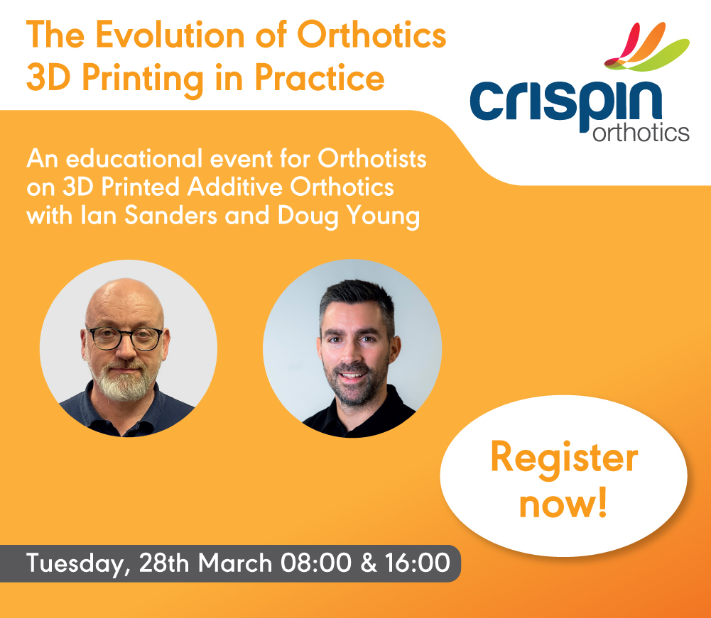 Wondering how 3D Printing is transforming orthotics? Don’t miss this 45-minute FREE <a href="/CrispinOrtho/">Crispin</a> webinar bit.ly/3J5BdWY 
Learn how our low-profile custom-made orthoses are revolutionising #orthotics!