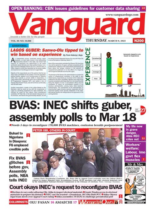 alpha1065fm's tweet photo. Newspaper #Headlines Thursday 9th March 2023:
#Politics #NigerianNews
#Africa #Newspaper #sports #EndSARS
#NEWSUPDATE #BreakingNow
#INEC #GuberPoll
(1/3) https://t.co/PgXwrJMhtD