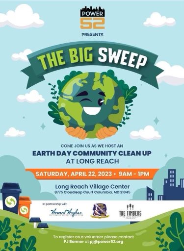 Power52Official's tweet photo. In honor of Earth Day (April 22, 2023), Power52 and the Long Reach community have partnered together to work on a large-scale community clean-up event, The Big Sweep!  We are currently seeking volunteers to participate. Click to register!
https://t.co/5w30wQW1XW
#EarthDay https://t.co/AR6gUOZtRO