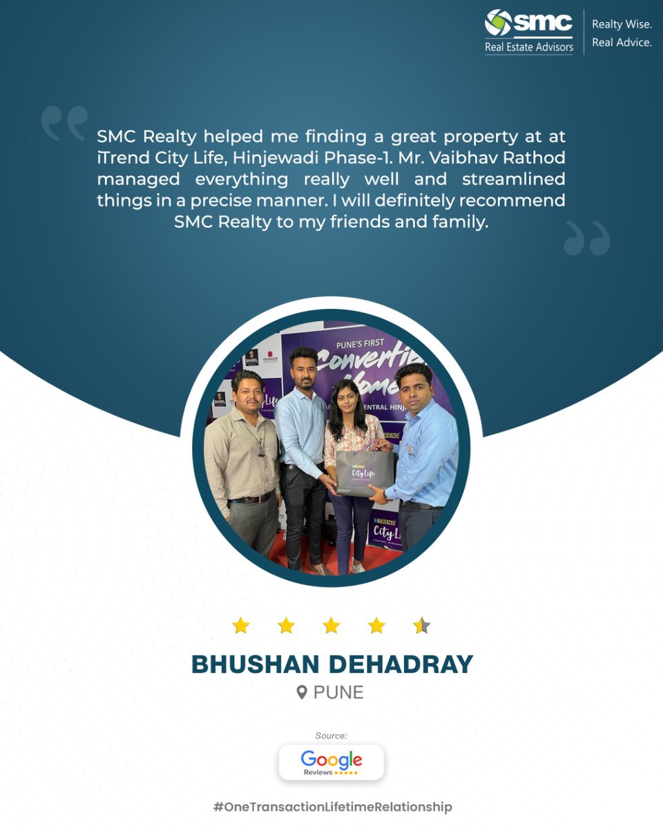 SMCRealtyIndia's tweet photo. With SMC Real Estate Advisors, it’s #OneTransactionLifetimeRelationship. Take a look at what one of our happy clients has to say about us! 👀
.
.
#SMCRealty #RealEstateIndia #RealEstatePune #RealtyPune #HappyClients #PropertiesInPune #RealEstateMumbai #PropertiesInMumbai https://t.co/Qv1fhFroIG