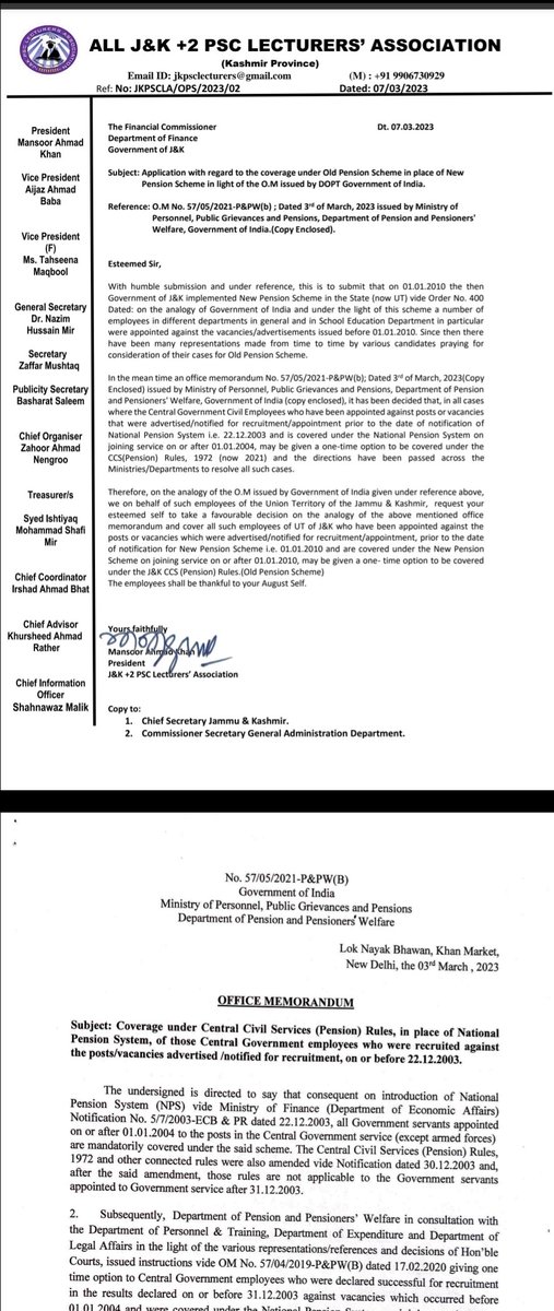 JKPSCLecturers's tweet photo. Our representation for demand of OPS for those NPS employees who were appointed against posts advertised before 01-01-2010 i.e the date when NPS scheme was implemented in J&amp;K.
@Mansoor47064329 @OfficeOfLGJandK @JAKFAS_ @AlokKum36531399 https://t.co/q0ri7rtmeJ