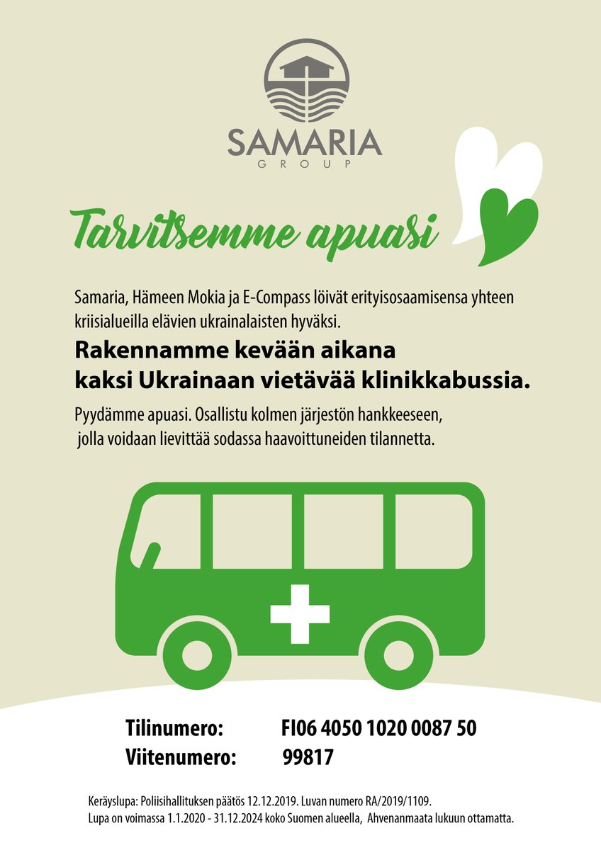 SamariaRF's tweet photo. Osallistu kolmen järjestön hankkeeseen, jolla voidaan lievittää sodassa haavoittuneiden tilannetta. Tarvitsemme apuasi!
SAMARIA RF
Tilinumero: IBAN: FI06 4050 1020 0087 50
Viitenumero: 99972 https://t.co/kIZDPZ6dCH